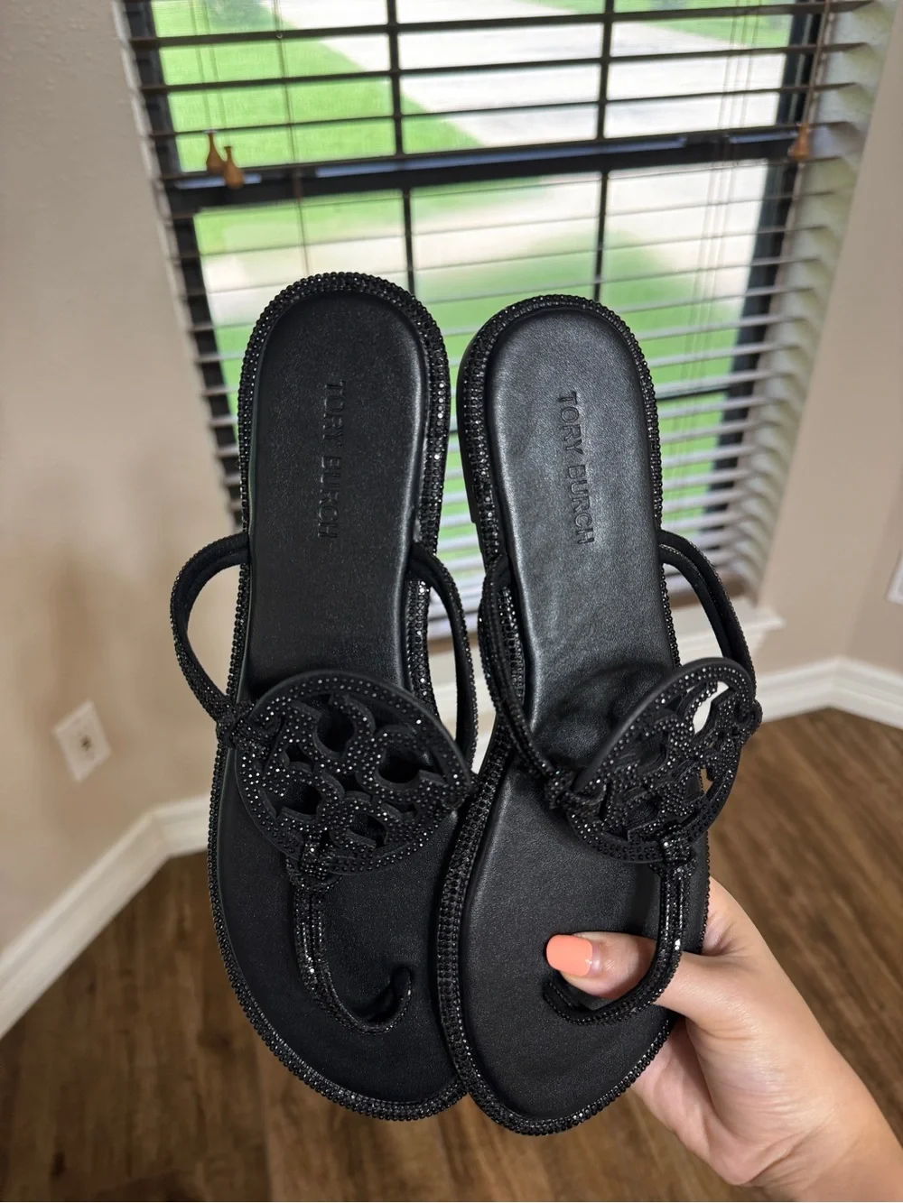Tory Burch Black Crystal Logo Thong Sandal